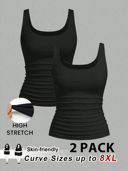 CURVE+ 2pcs/Set Plus Size Women Casual Scoop Neck Ruched Waist Fitted Tank Top Set, Versatile For Daily Wear, Summer Tops