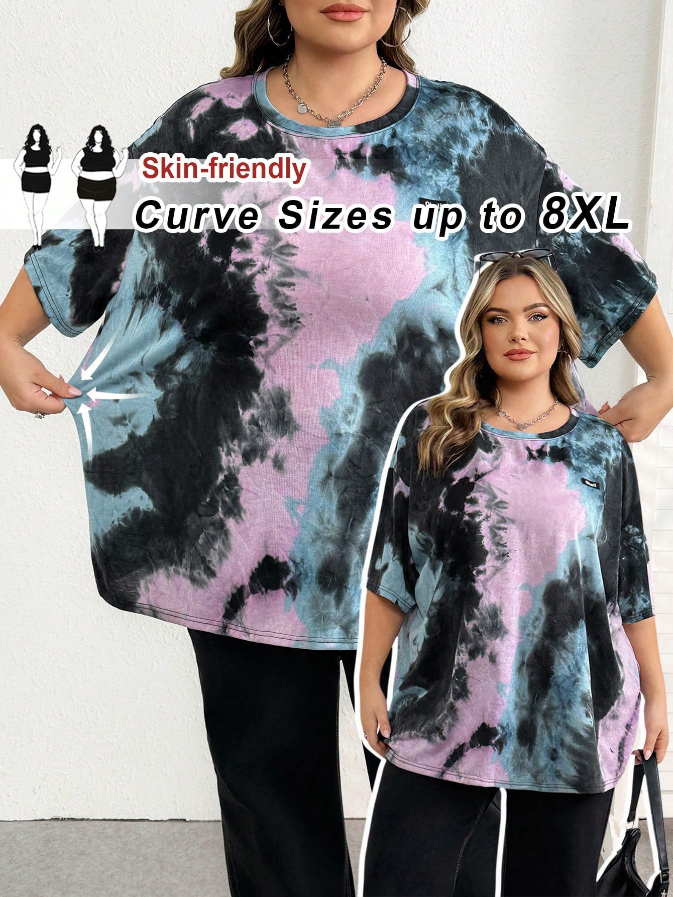 CURVE+ Plus Black And White Letter Patched Drop Shoulder Tee, Summer/2026/New Year Oversized Business Casual Mom T Shirts Trail Ride Office