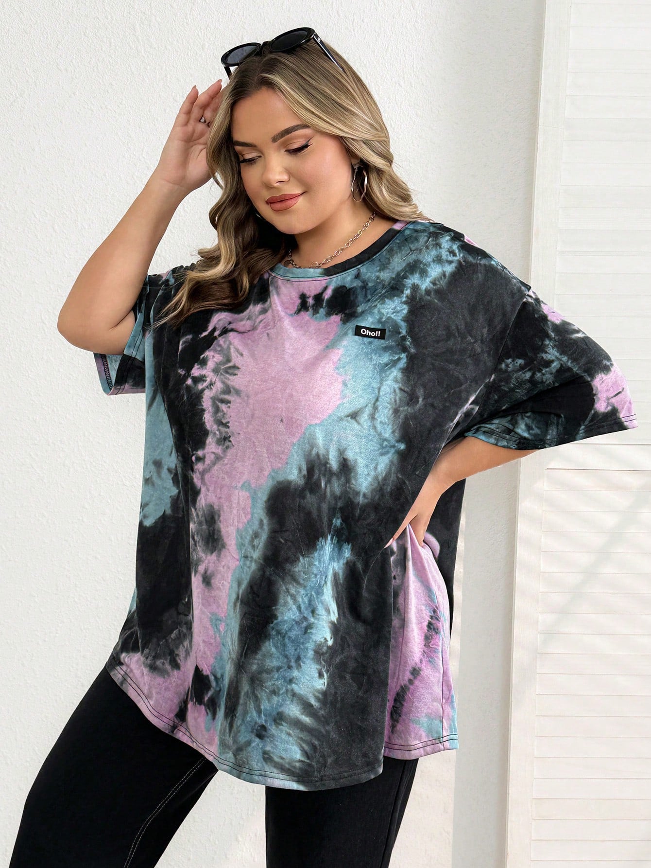 CURVE+ Plus Black And White Letter Patched Drop Shoulder Tee, Summer/2026/New Year Oversized Business Casual Mom T Shirts Trail Ride Office