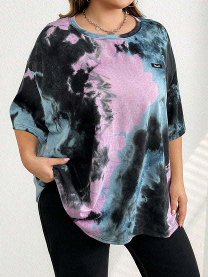 CURVE+ Plus Black And White Letter Patched Drop Shoulder Tee, Summer/2026/New Year Oversized Business Casual Mom T Shirts Trail Ride Office
