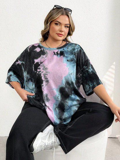 CURVE+ Plus Black And White Letter Patched Drop Shoulder Tee, Summer/2026/New Year Oversized Business Casual Mom T Shirts Trail Ride Office