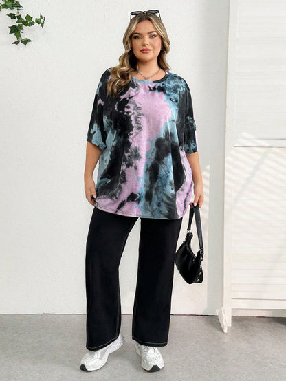 CURVE+ Plus Black And White Letter Patched Drop Shoulder Tee, Summer/2026/New Year Oversized Business Casual Mom T Shirts Trail Ride Office