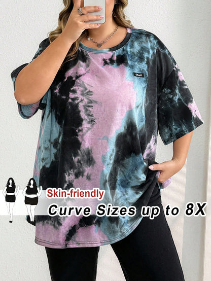 CURVE+ Plus Black And White Letter Patched Drop Shoulder Tee, Summer/2026/New Year Oversized Business Casual Mom T Shirts Trail Ride Office