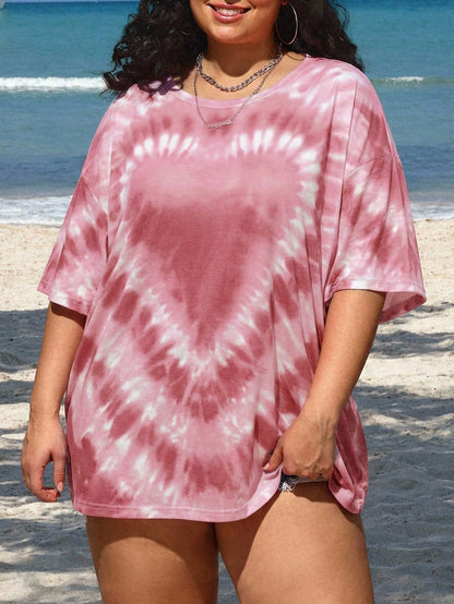 CURVE+ Plus Size Women Heart Tie-Dye Print Loose Dropped Shoulder T-Shirt, Summer Tops