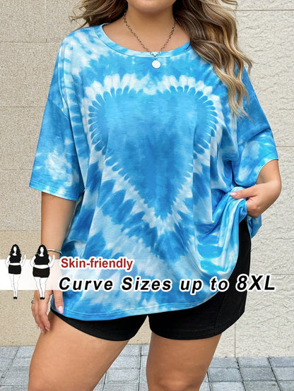CURVE+ Plus Size Women Heart Tie-Dye Print Loose Dropped Shoulder T-Shirt, Summer Tops