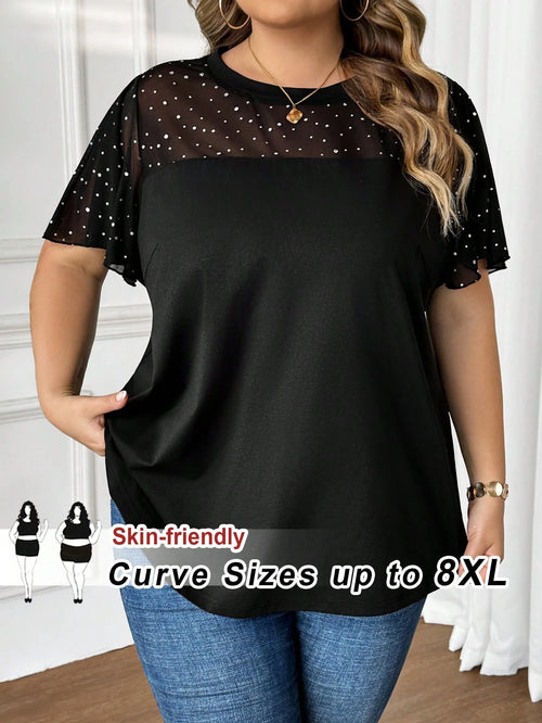 CURVE+ Plus Size Women's Fashionable Commuter Sequin & Mesh Panel T-Shirt, Summer Tops