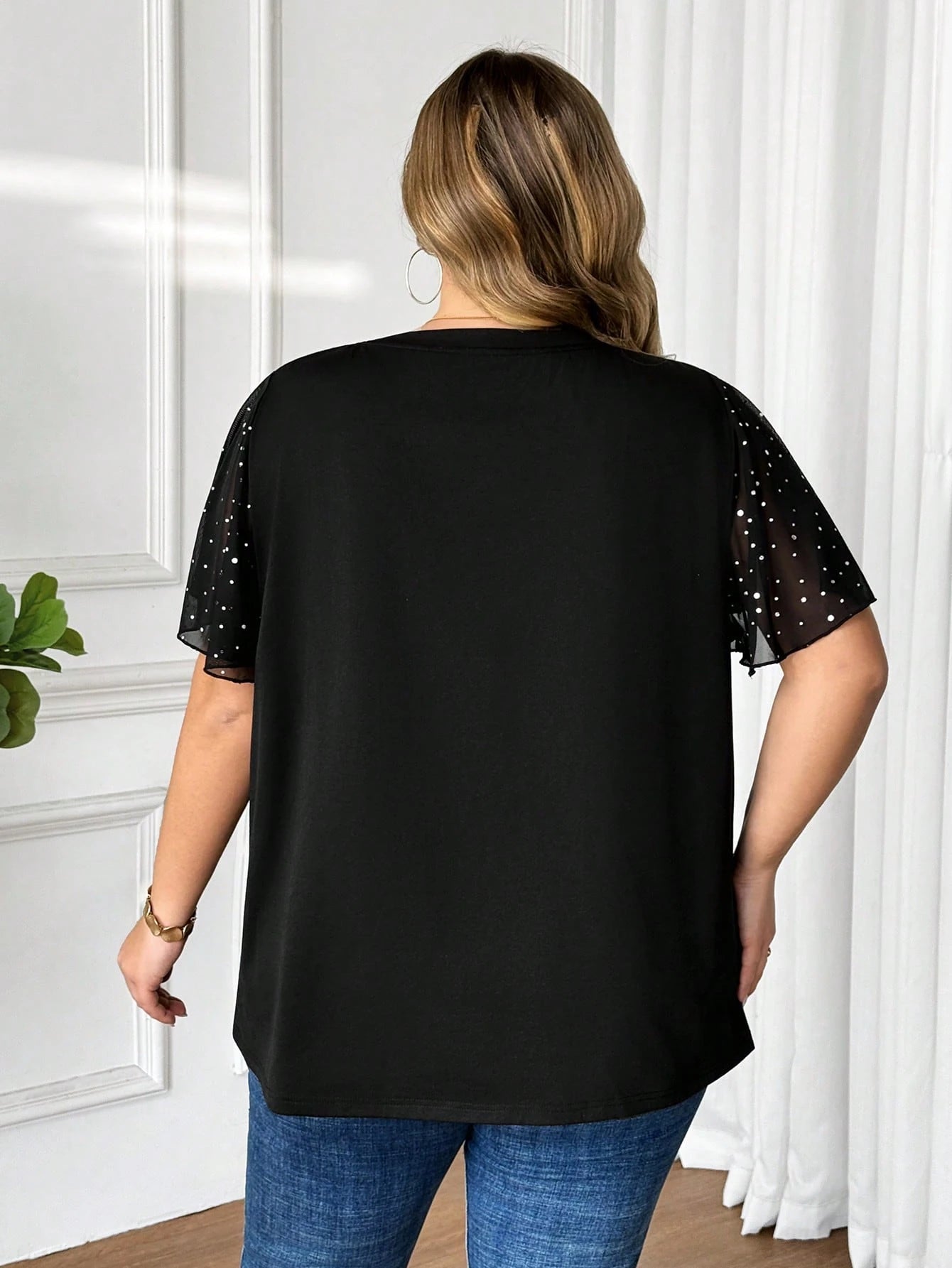 CURVE+ Plus Size Women's Fashionable Commuter Sequin & Mesh Panel T-Shirt, Summer Tops