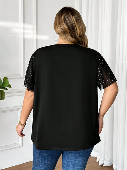 CURVE+ Plus Size Women's Fashionable Commuter Sequin & Mesh Panel T-Shirt, Summer Tops