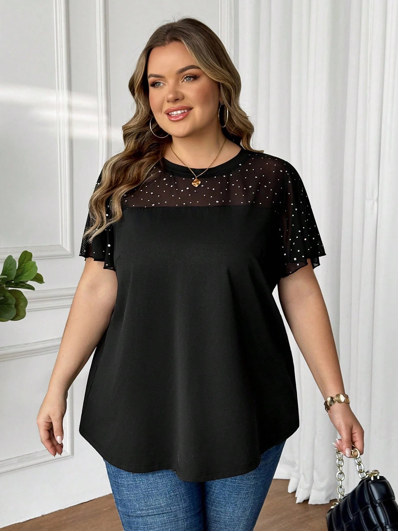 CURVE+ Plus Size Women's Fashionable Commuter Sequin & Mesh Panel T-Shirt, Summer Tops