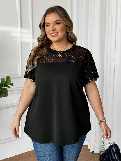 CURVE+ Plus Size Women's Fashionable Commuter Sequin & Mesh Panel T-Shirt, Summer Tops
