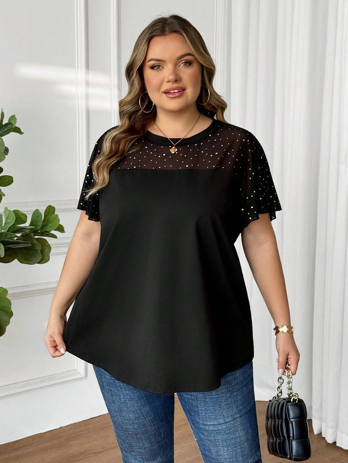 CURVE+ Plus Size Women's Fashionable Commuter Sequin & Mesh Panel T-Shirt, Summer Tops