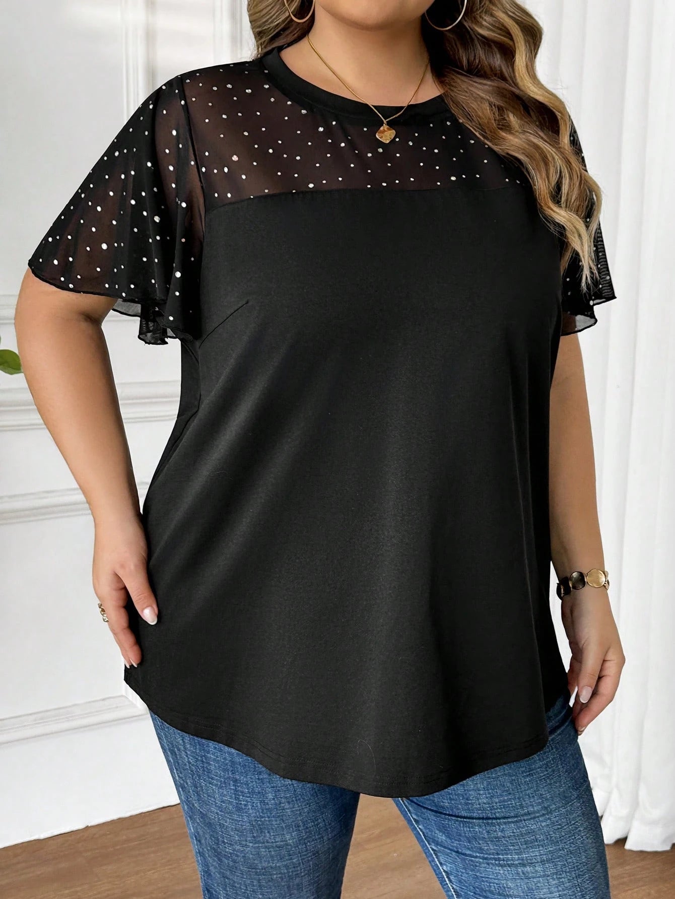 CURVE+ Plus Size Women's Fashionable Commuter Sequin & Mesh Panel T-Shirt, Summer Tops