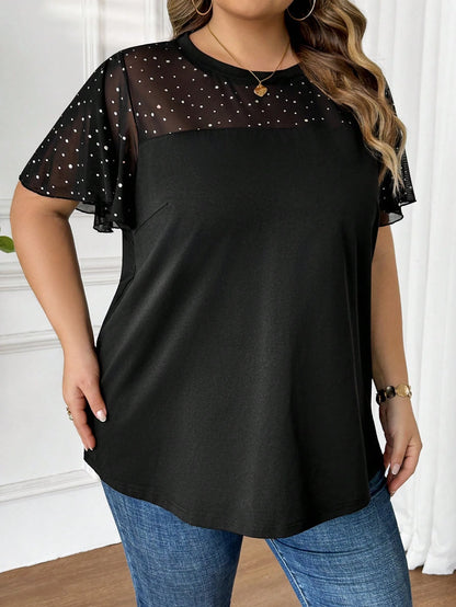 CURVE+ Plus Size Women's Fashionable Commuter Sequin & Mesh Panel T-Shirt, Summer Tops