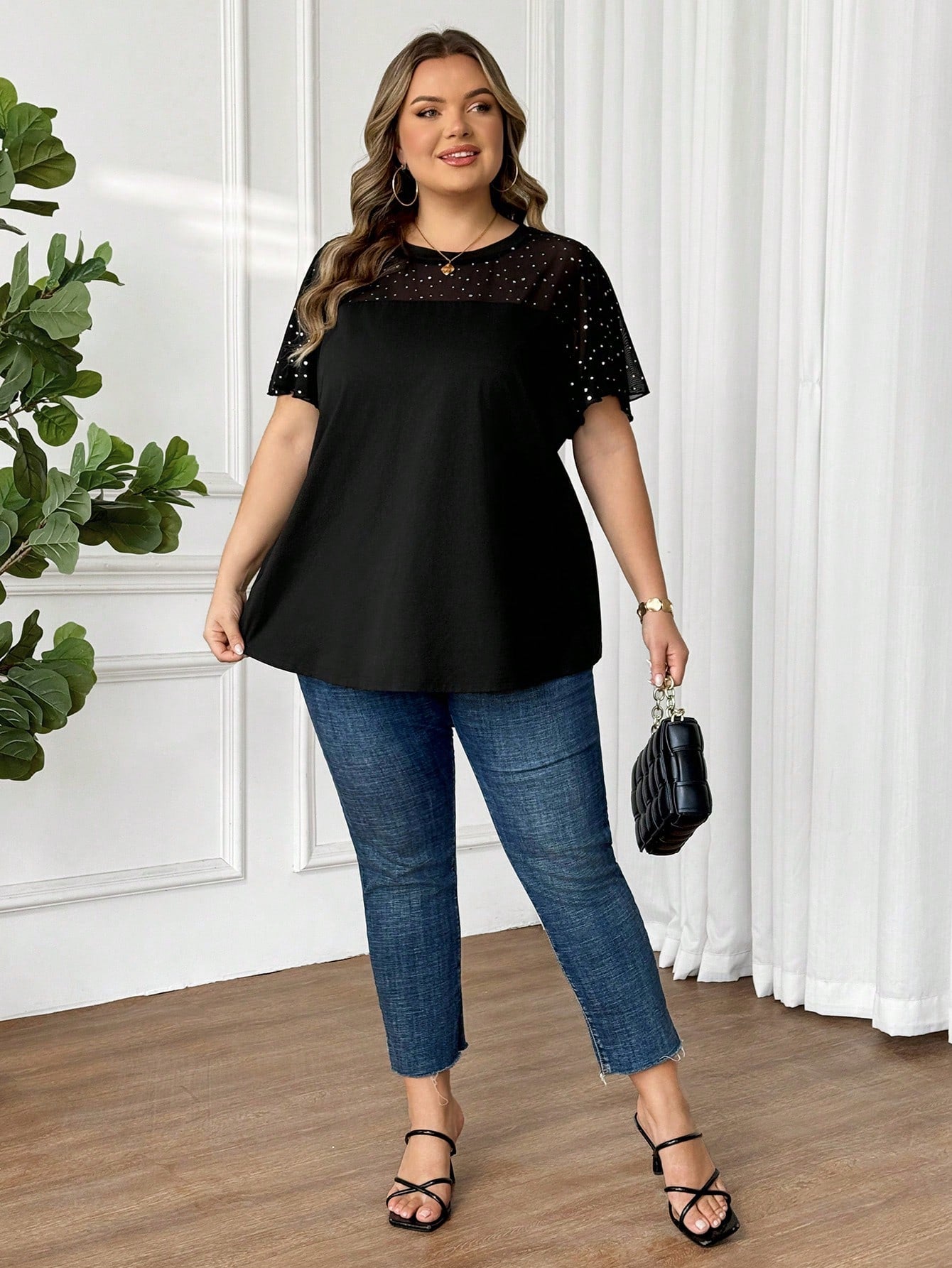 CURVE+ Plus Size Women's Fashionable Commuter Sequin & Mesh Panel T-Shirt, Summer Tops