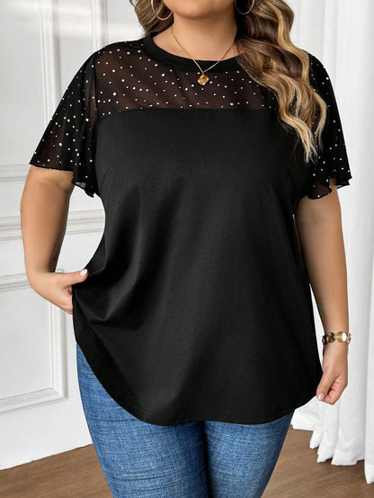 CURVE+ Plus Size Women's Fashionable Commuter Sequin & Mesh Panel T-Shirt, Summer Tops