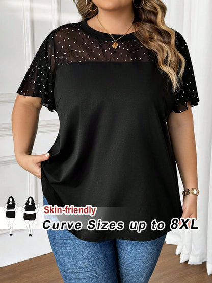CURVE+ Plus Size Women's Fashionable Commuter Sequin & Mesh Panel T-Shirt, Summer Tops