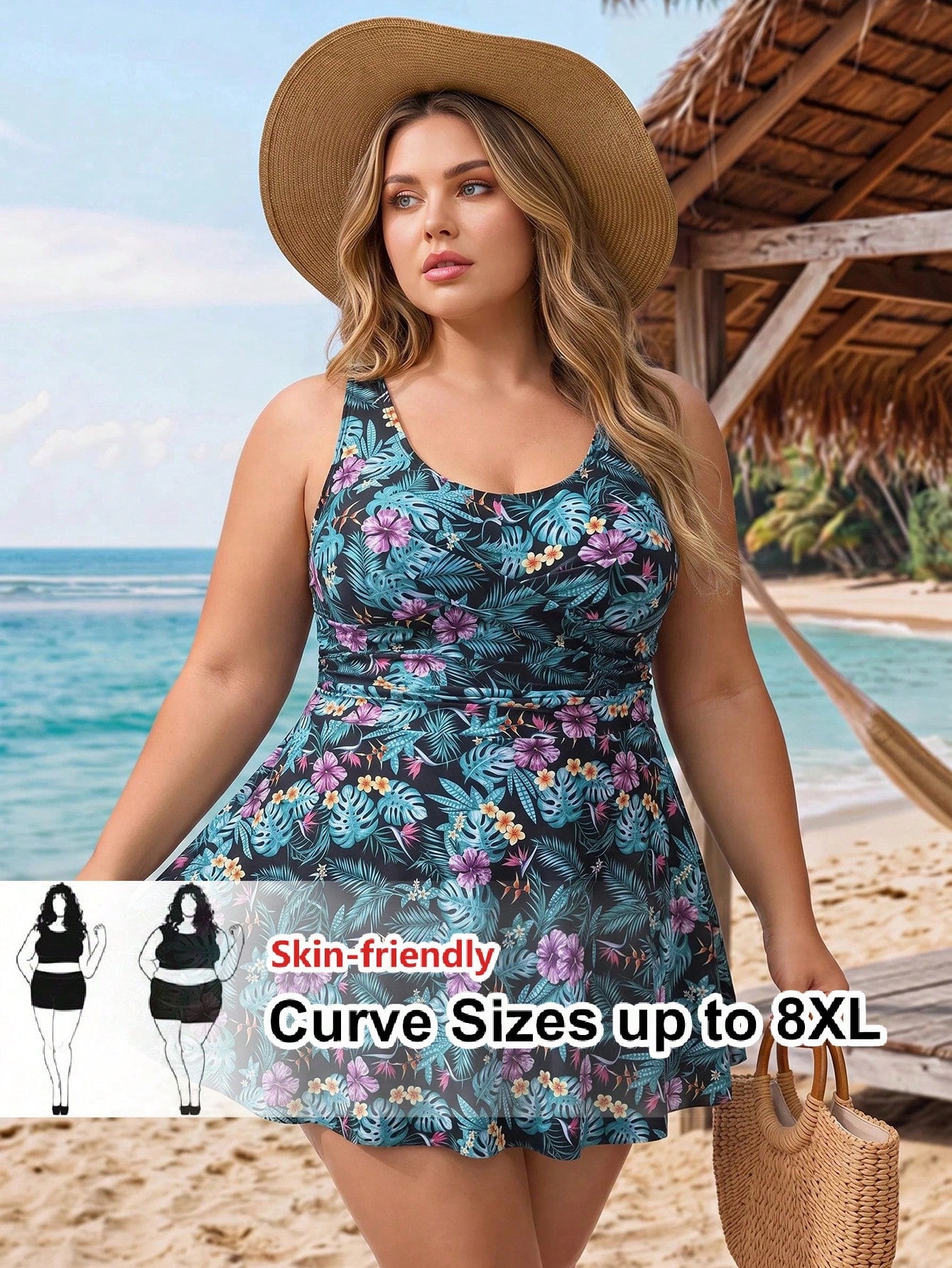CURVE+ Plus Size Women's Summer Beach Vacation Tropical Plant Print Swim Dress With Swim Shorts