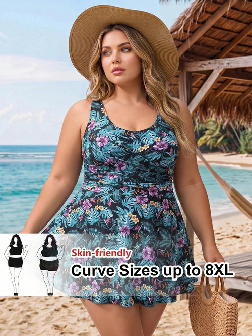 CURVE+ Plus Size Women's Summer Beach Vacation Tropical Plant Print Swim Dress With Swim Shorts