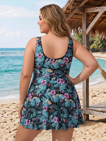 CURVE+ Plus Size Women's Summer Beach Vacation Tropical Plant Print Swim Dress With Swim Shorts