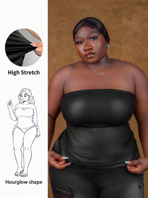 CurvyTilda Plus Size Women High Elasticity PU Material Ruched Black Tube Top, For Hourglass Body Shape, For Body Shape, For Summer
