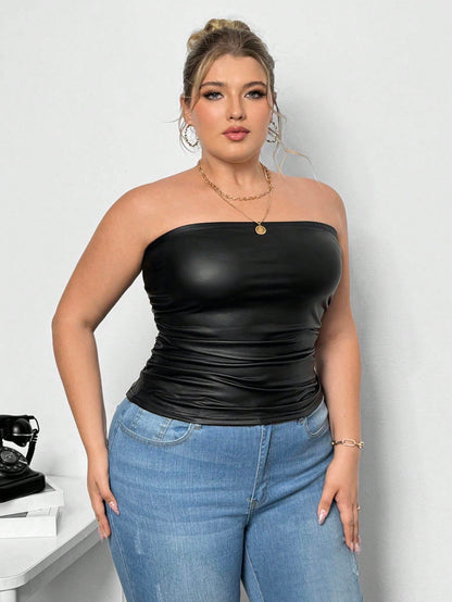 CurvyTilda Plus Size Women High Elasticity PU Material Ruched Black Tube Top, For Hourglass Body Shape, For Body Shape, For Summer