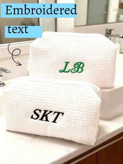 Customized Embroidered Makeup Organizer Pouch, Monogram Waffle Makeup Bag, Graduation Gift, Bridesmaid Gift, Toiletry Bag, Travel & Business, Text Or Logo For Corporate Gifts & Team Building, Travel O