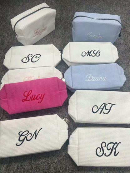 Customized Embroidered Makeup Organizer Pouch, Monogram Waffle Makeup Bag, Graduation Gift, Bridesmaid Gift, Toiletry Bag, Travel & Business, Text Or Logo For Corporate Gifts & Team Building, Travel O