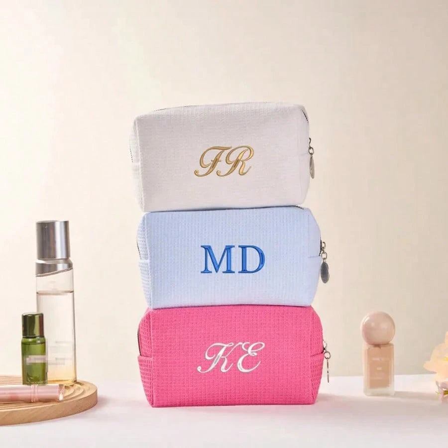 Customized Embroidered Makeup Organizer Pouch, Monogram Waffle Makeup Bag, Graduation Gift, Bridesmaid Gift, Toiletry Bag, Travel & Business, Text Or Logo For Corporate Gifts & Team Building, Travel O