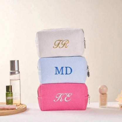 Customized Embroidered Makeup Organizer Pouch, Monogram Waffle Makeup Bag, Graduation Gift, Bridesmaid Gift, Toiletry Bag, Travel & Business, Text Or Logo For Corporate Gifts & Team Building, Travel O