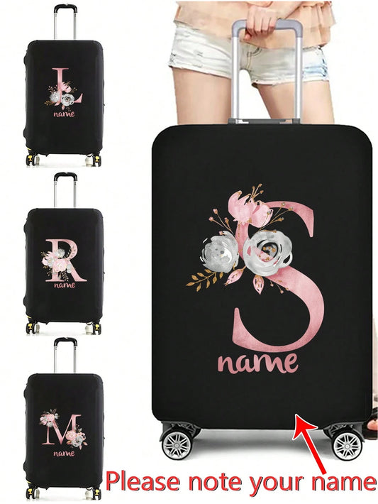 Customized Luggage Cover 18-32 Inch Pink Flower Name Initials Letter Pattern Elastic Suitcase Protector Case Personalized Travel Bag Case Cover