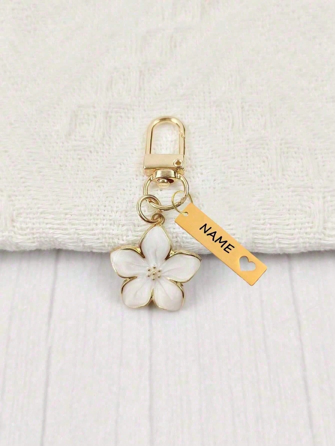 Customized Metal Sakura Flower Keychain, Personalized Stainless Steel Engraved Key Ring, Sakura Bag Accessory, Floral Bag Charms