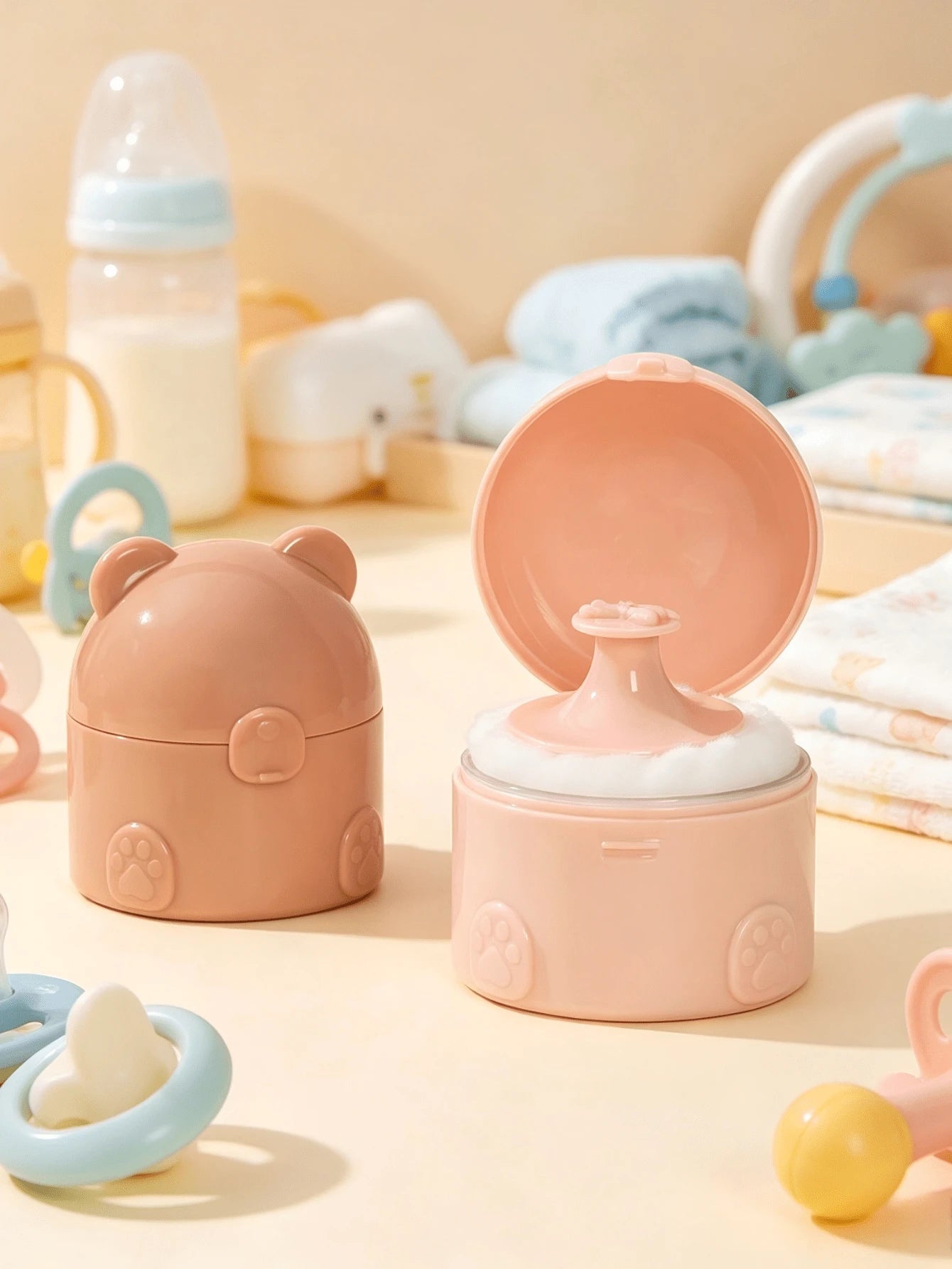 Cute Bear-Shaped Baby Powder Case With Soft Powder Puff, Easy To Use Without Dusting, Sealed Leak-Proof Design, Compact And Portable, Space-Saving, Provides Delicate And Refreshing Care For Baby