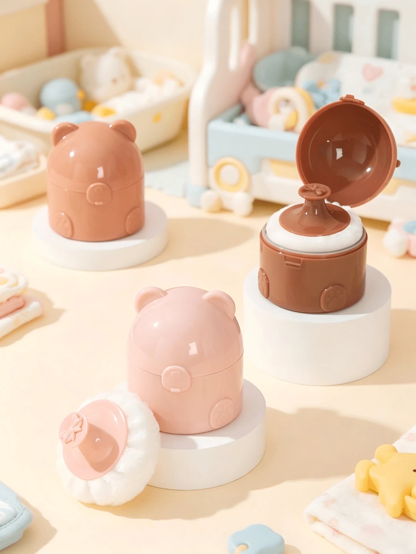Cute Bear-Shaped Baby Powder Case With Soft Powder Puff, Easy To Use Without Dusting, Sealed Leak-Proof Design, Compact And Portable, Space-Saving, Provides Delicate And Refreshing Care For Baby