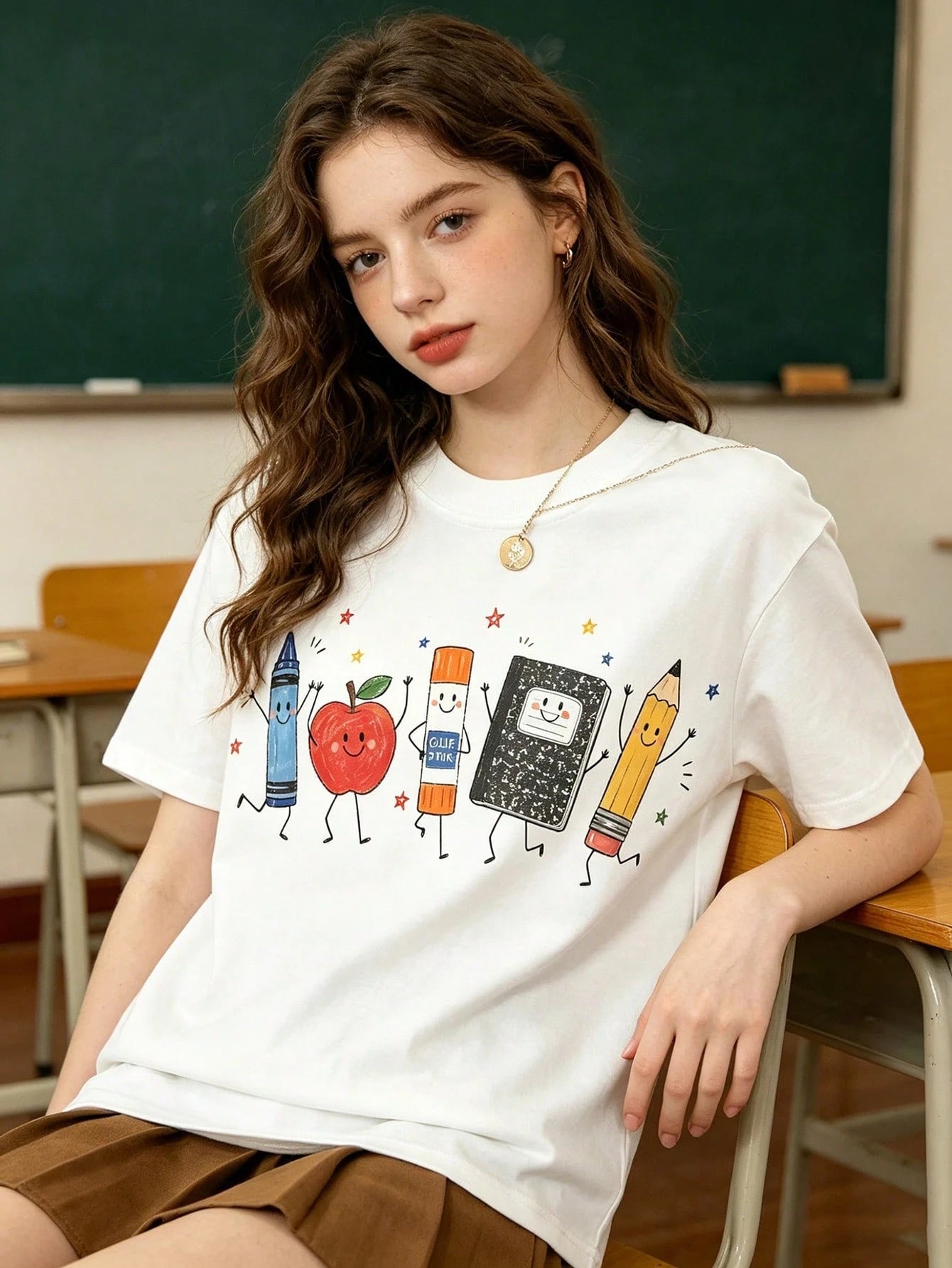 Cute Cartoon School Supplies Graphic Tee Preppy Teacher Student-Shirt Kindergarten Back To School Top Smiling Crayon Pencil Graphic Clothes