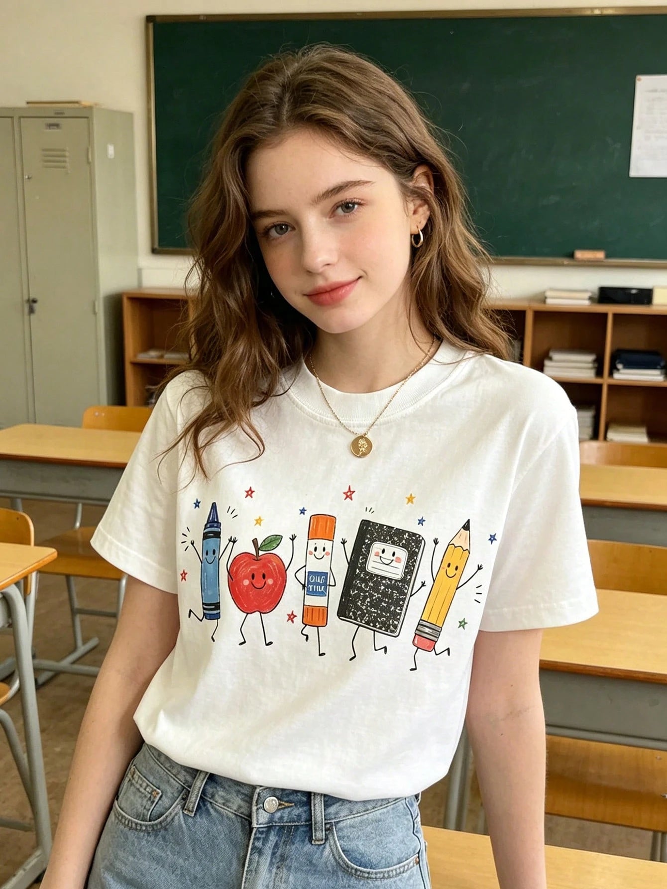 Cute Cartoon School Supplies Graphic Tee Preppy Teacher Student-Shirt Kindergarten Back To School Top Smiling Crayon Pencil Graphic Clothes