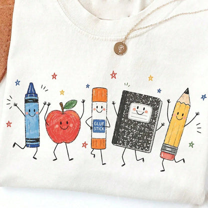 Cute Cartoon School Supplies Graphic Tee Preppy Teacher Student-Shirt Kindergarten Back To School Top Smiling Crayon Pencil Graphic Clothes