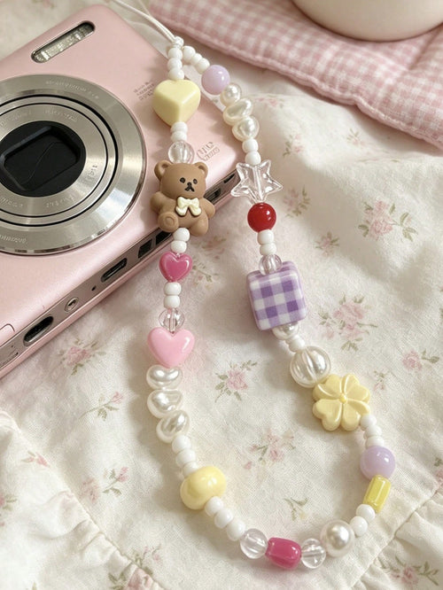 Cute Dopamine Bear Beaded Phone Chain, Pearl Cartoon Keychain Bag Camera Charms