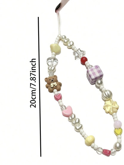 Cute Dopamine Bear Beaded Phone Chain, Pearl Cartoon Keychain Bag Camera Charms