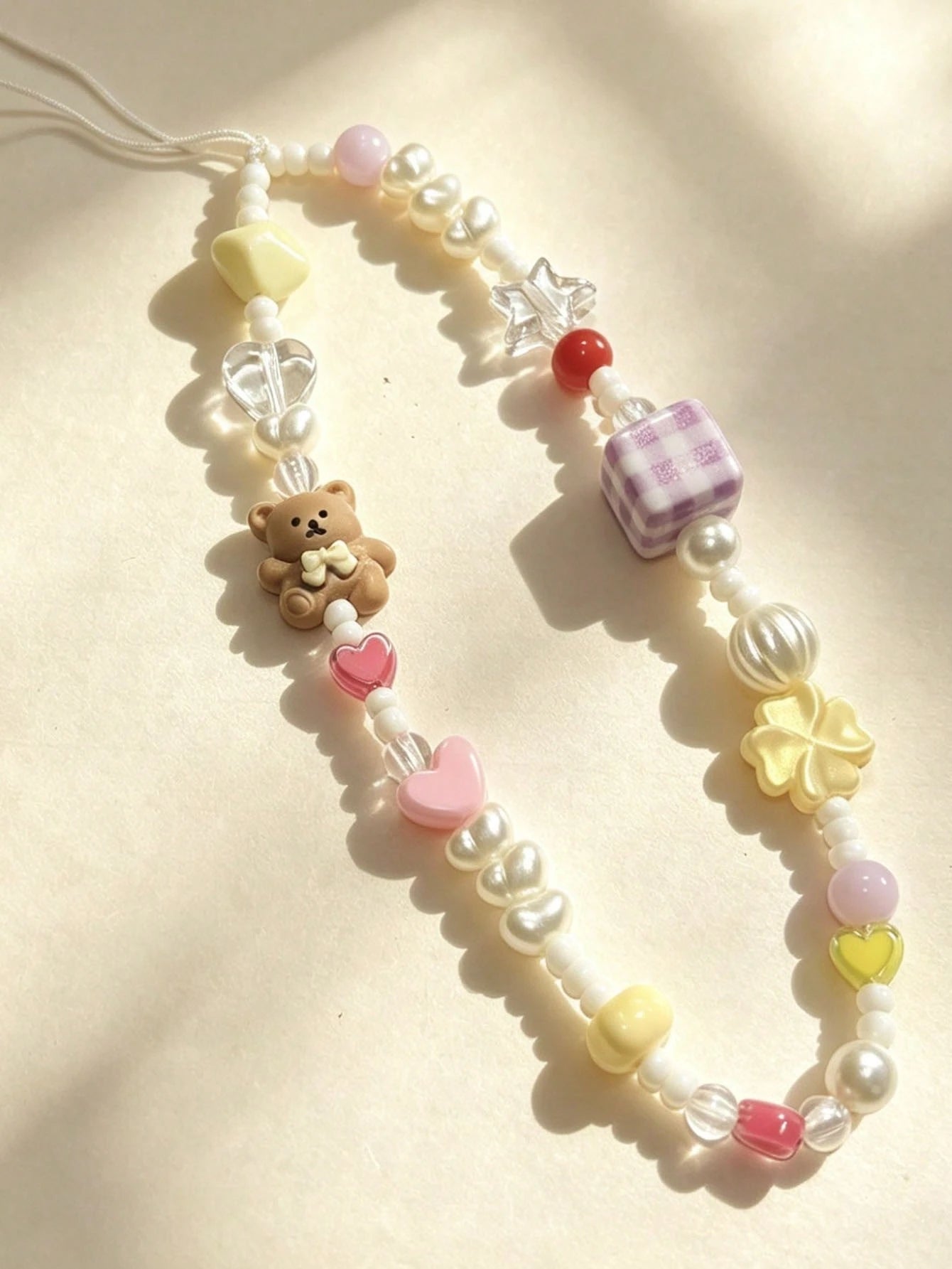 Cute Dopamine Bear Beaded Phone Chain, Pearl Cartoon Keychain Bag Camera Charms