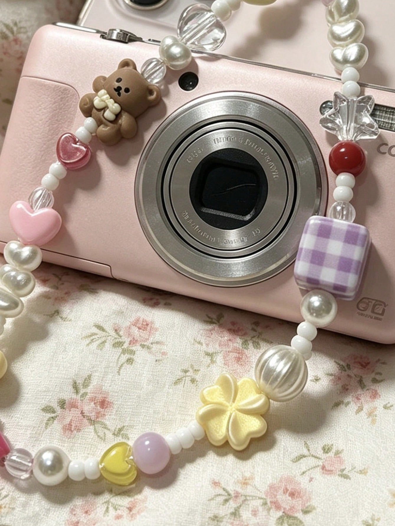 Cute Dopamine Bear Beaded Phone Chain, Pearl Cartoon Keychain Bag Camera Charms