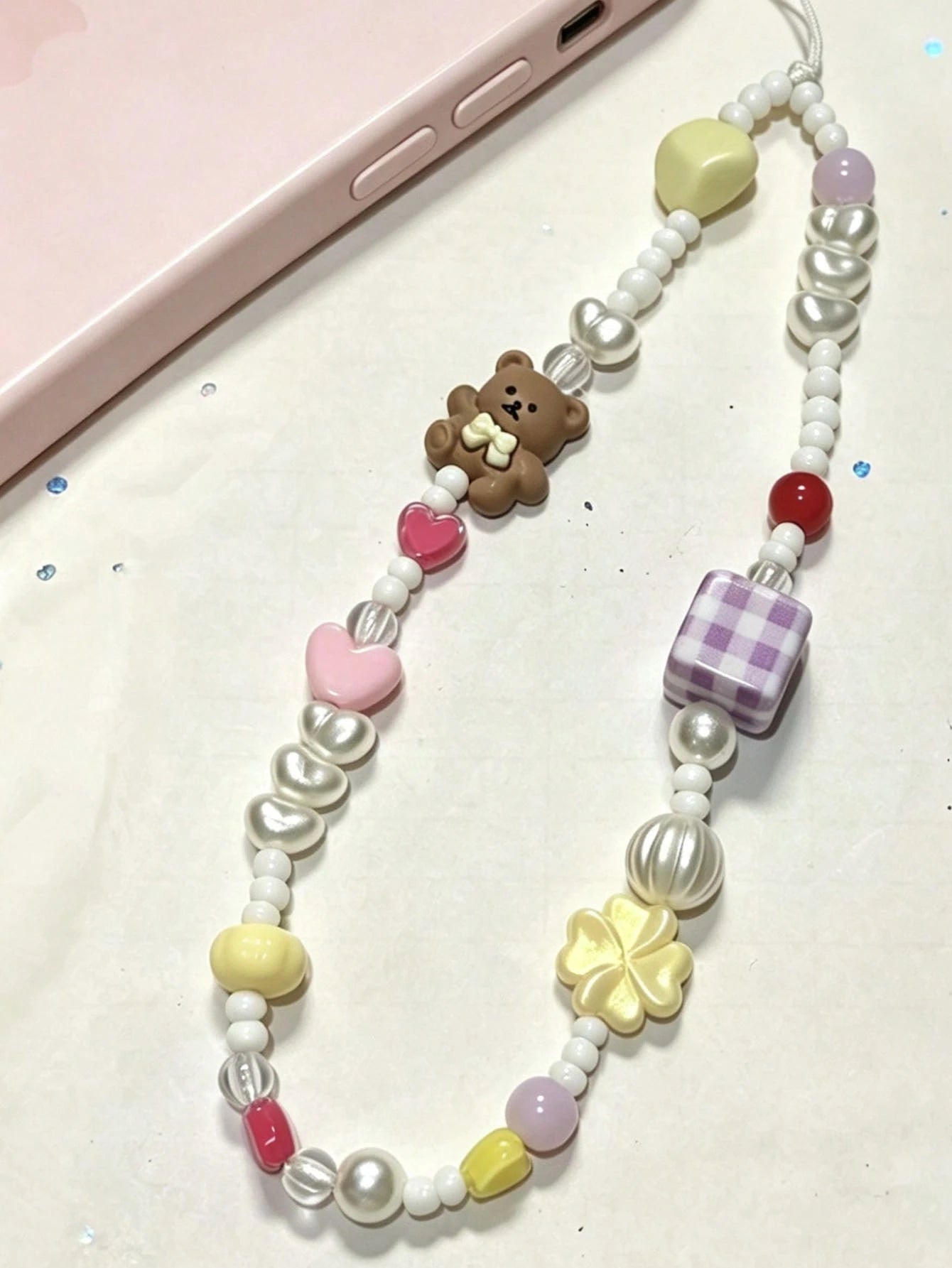 Cute Dopamine Bear Beaded Phone Chain, Pearl Cartoon Keychain Bag Camera Charms