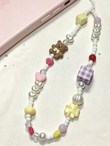 Cute Dopamine Bear Beaded Phone Chain, Pearl Cartoon Keychain Bag Camera Charms