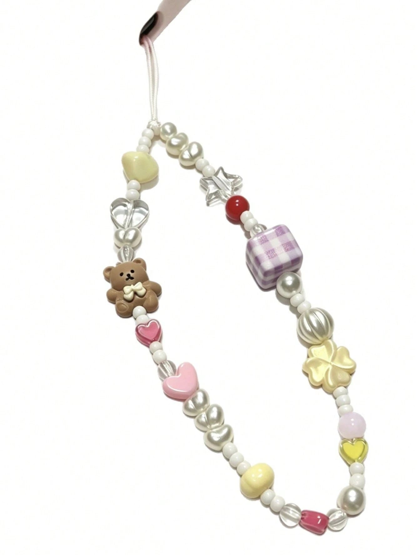 Cute Dopamine Bear Beaded Phone Chain, Pearl Cartoon Keychain Bag Camera Charms