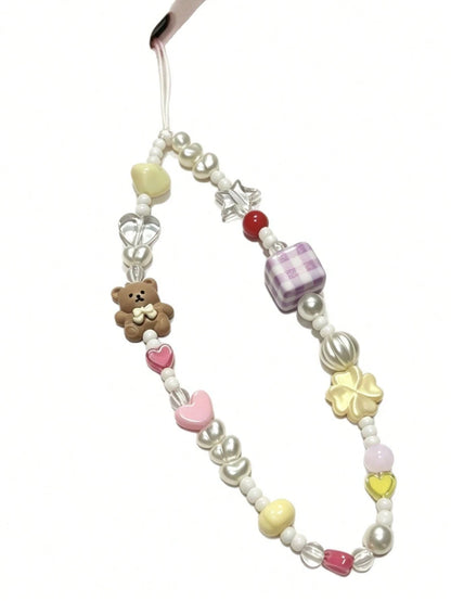 Cute Dopamine Bear Beaded Phone Chain, Pearl Cartoon Keychain Bag Camera Charms