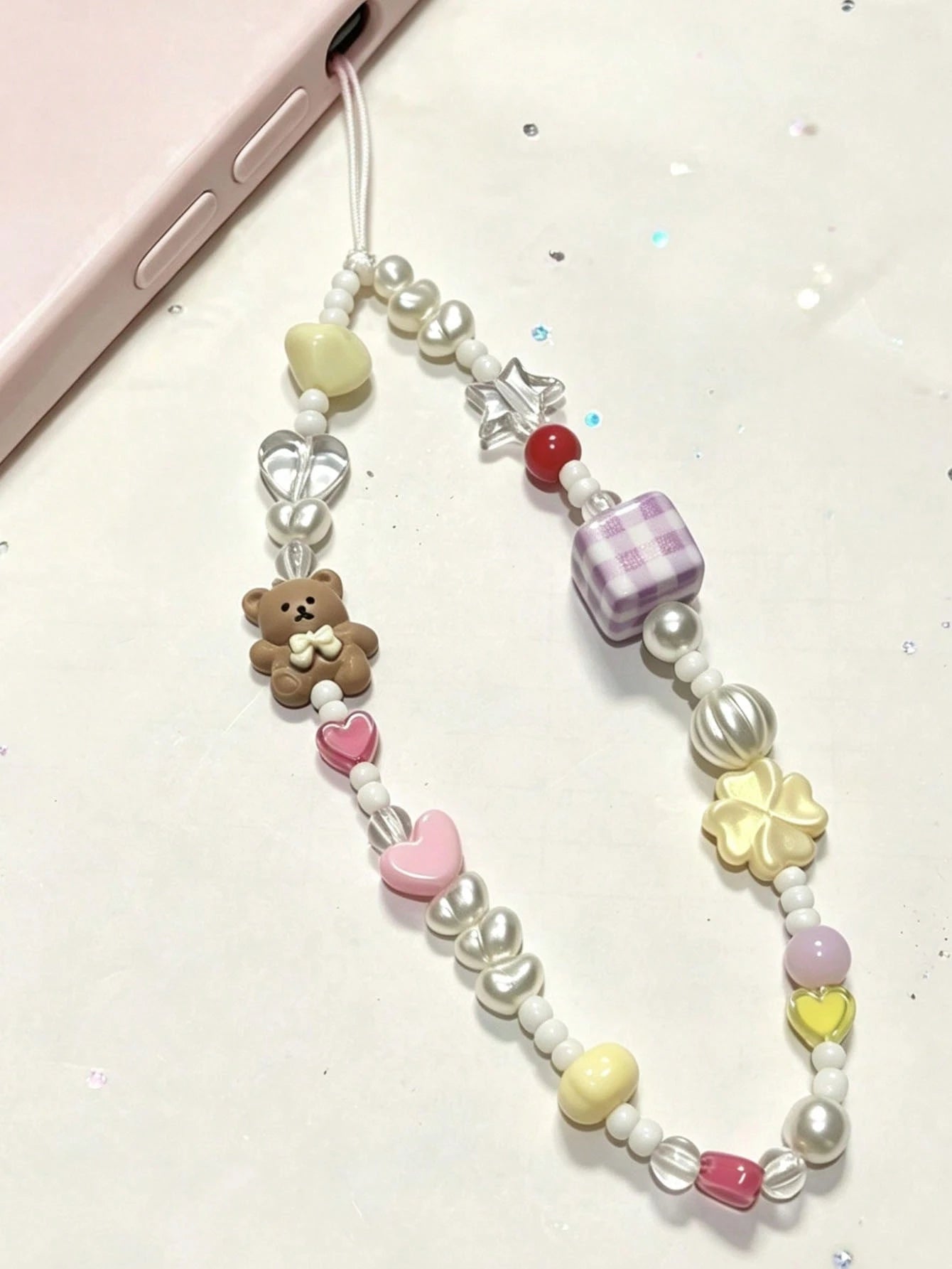 Cute Dopamine Bear Beaded Phone Chain, Pearl Cartoon Keychain Bag Camera Charms