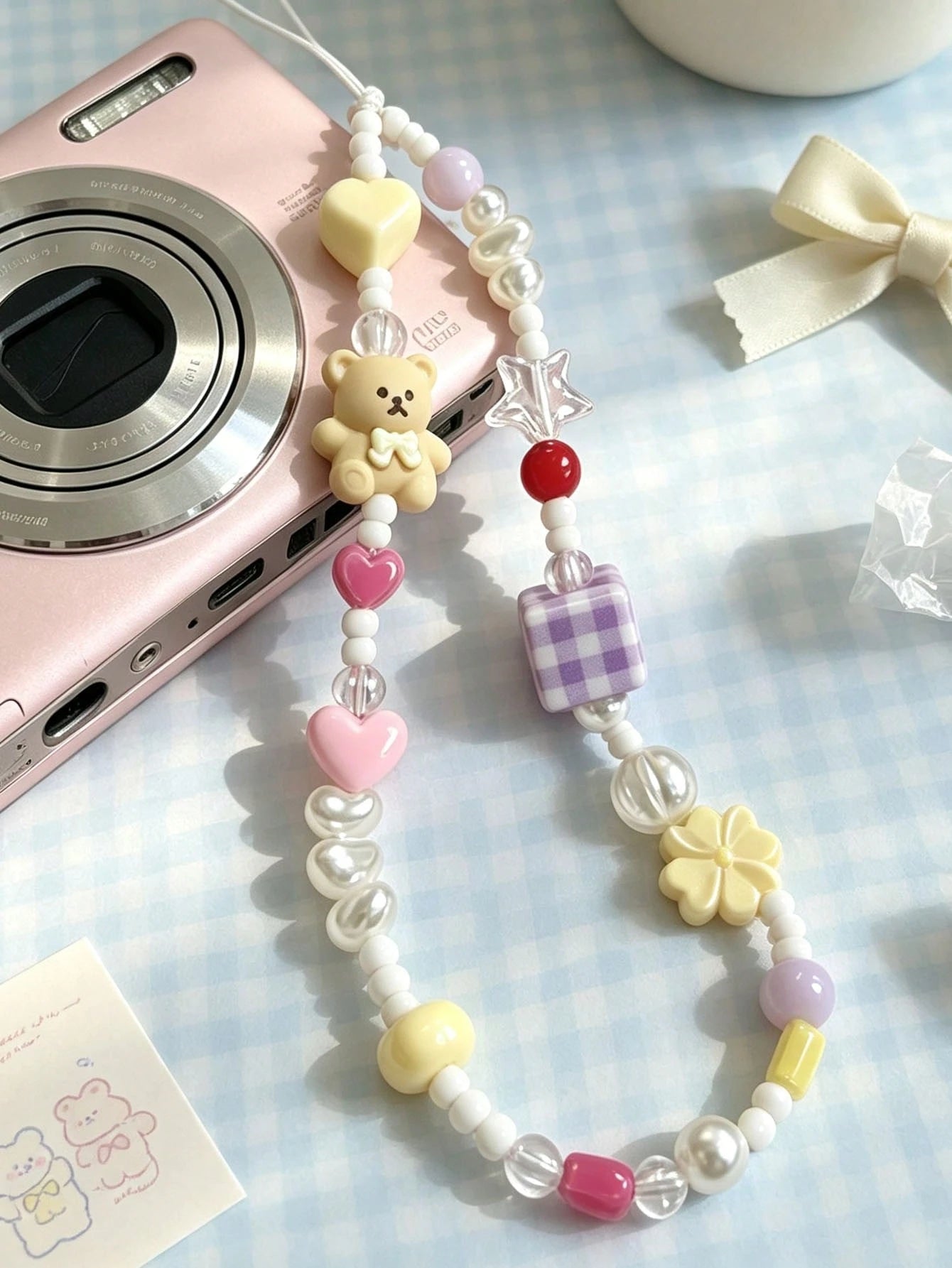 Cute Dopamine Bear Beaded Phone Chain, Pearl Cartoon Keychain Bag Camera Charms