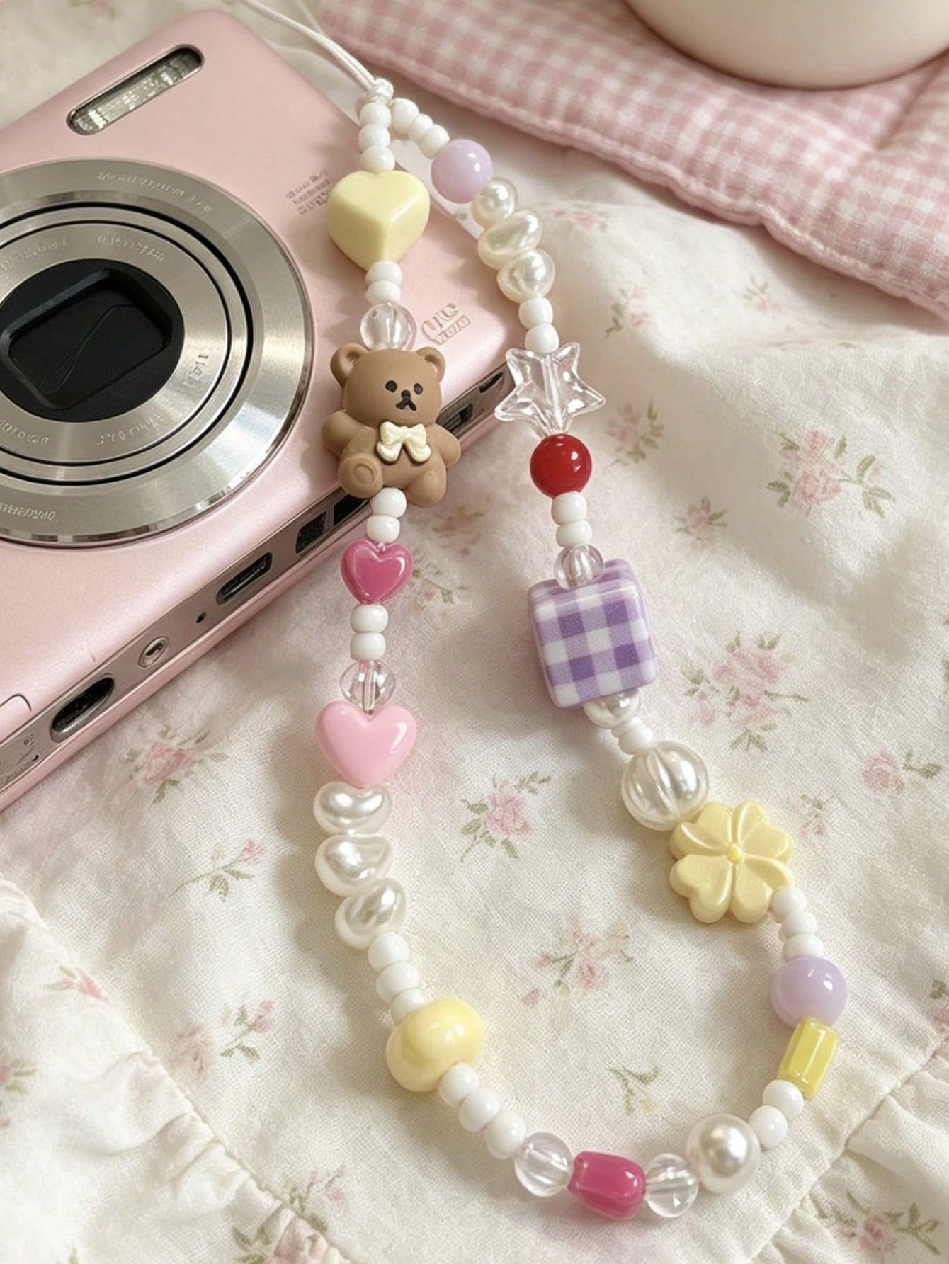 Cute Dopamine Bear Beaded Phone Chain, Pearl Cartoon Keychain Bag Camera Charms