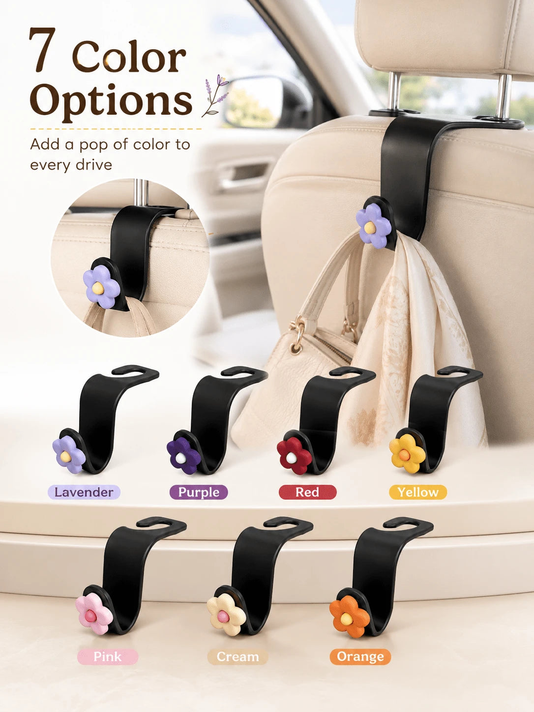 Cute Flower Car Headrest Hook, Car Seat Back Bag Hook & Bag Hanger, Universal Car Storage Organizer Rack, Suitable For Umbrellas, Backpacks, Shopping Bags, Women Girls Car Interior Accessories Decor
