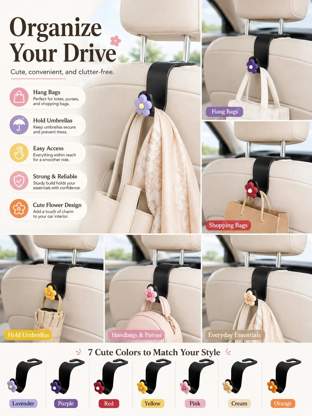 Cute Flower Car Headrest Hook, Car Seat Back Bag Hook & Bag Hanger, Universal Car Storage Organizer Rack, Suitable For Umbrellas, Backpacks, Shopping Bags, Women Girls Car Interior Accessories Decor