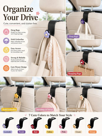 Cute Flower Car Headrest Hook, Car Seat Back Bag Hook & Bag Hanger, Universal Car Storage Organizer Rack, Suitable For Umbrellas, Backpacks, Shopping Bags, Women Girls Car Interior Accessories Decor